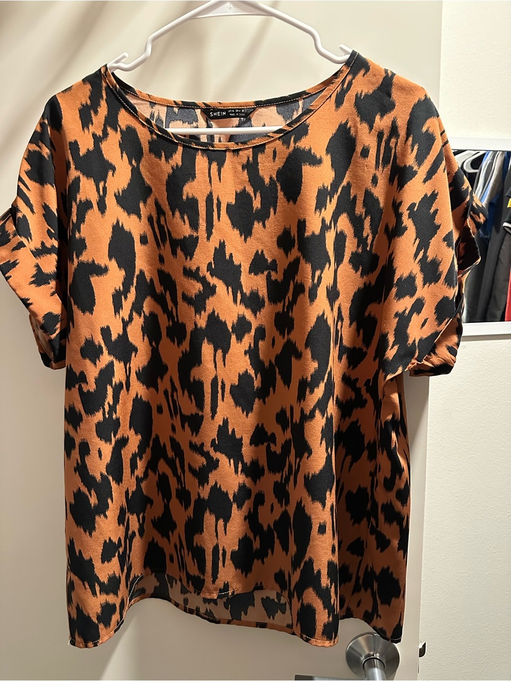 SHEIN Black and Rust Animal Print Short Sleeve Top